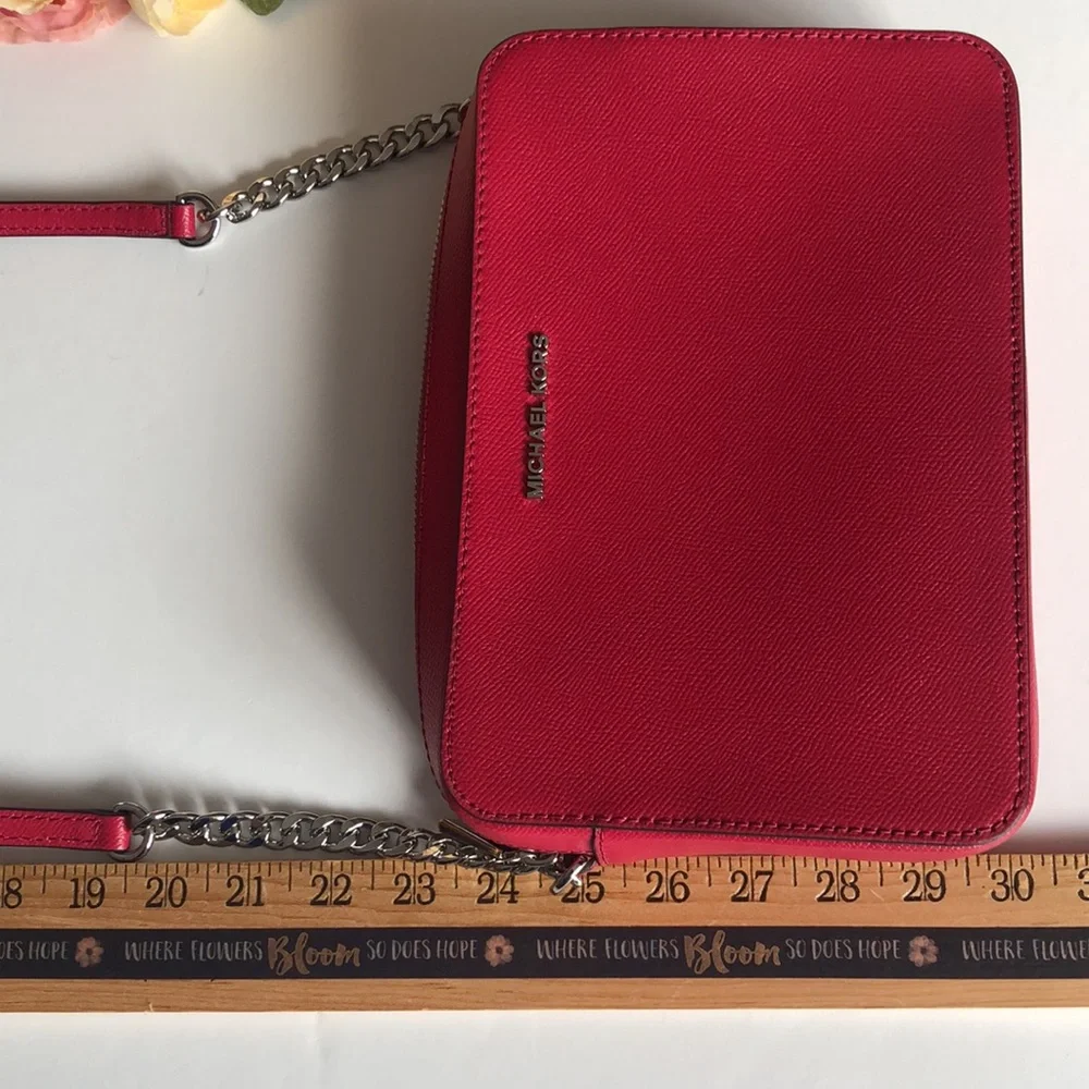 Michael Kors Jet Set Crossbody Raspberry Pink Red Leather MK Crossbo